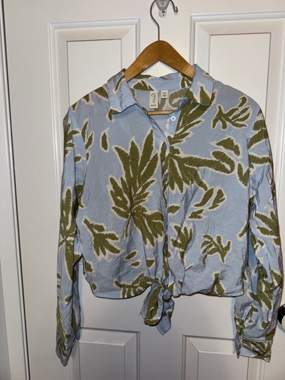 Joie Sky Blue Blouse with Olive Leaf Print and Front Tie medium
